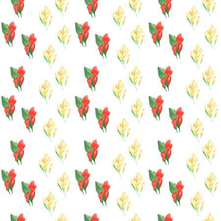 Watercolor pattern of flowers and leaves seamless design on white backgroundの写真素材