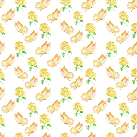 Watercolor pattern Roses and butterflies seamless design on white backgroundの写真素材