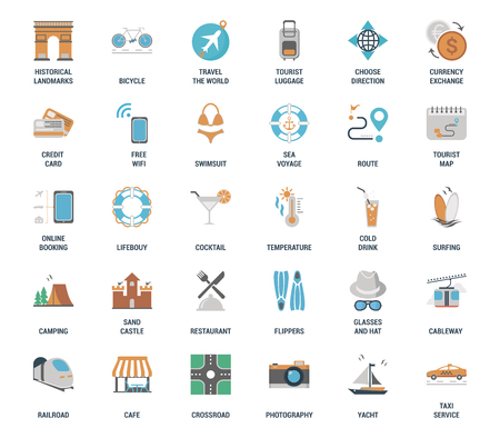 Vector set of leisure and tourism flat web icons. Fully editable and easy to use.のイラスト素材