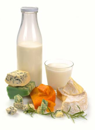 milk and cheese on a white backgroundの写真素材