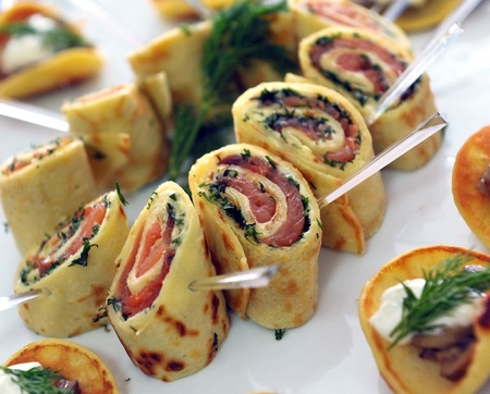 Pancake with Salmon on a plateの写真素材