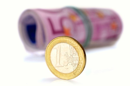 coin one euro at EUR 500 banknotesの写真素材