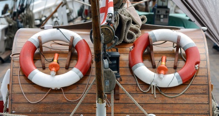 lifebuoy on board the sailboatの写真素材