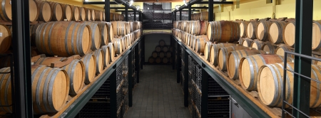 Casks in wine cellar and bottle at the winery