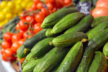 Cucumbers on display in a supermarketの写真素材