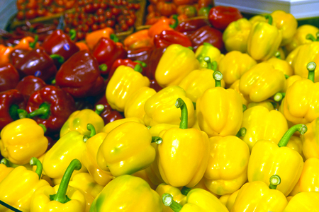 peppers on display in a supermarketの写真素材