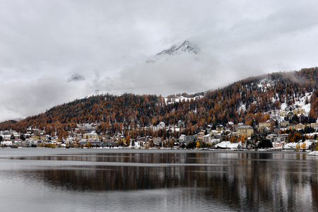 Lake St. Moritz with the first snow in the autumnの写真素材