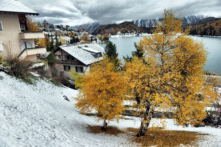 Lake St. Moritz with the first snow in the autumnの写真素材
