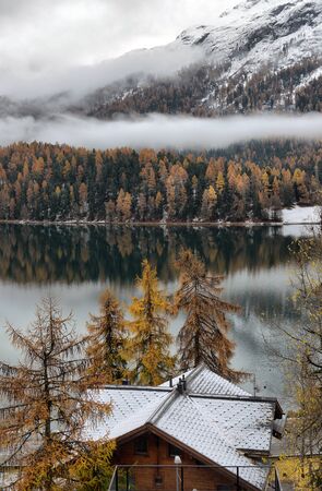 Lake St. Moritz with the first snow in the autumnの写真素材