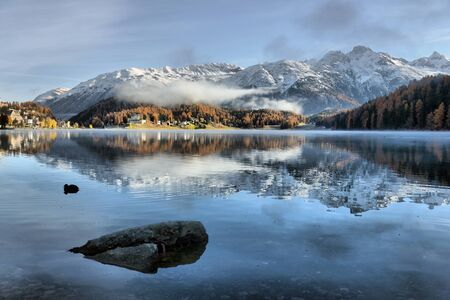 Lake St. Moritz with the first snow in the autumnの写真素材