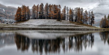 Lake St. Moritz with the first snow in the autumnの写真素材