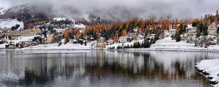 Lake St. Moritz with the first snow in the autumnの写真素材