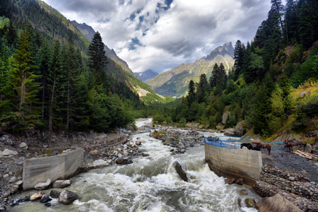 mountain landscape with mountain river Svaneti Georgiaの写真素材