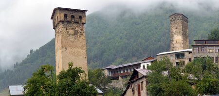 Svan towers in Mestia. Svaneti, Georgiaのeditorial素材