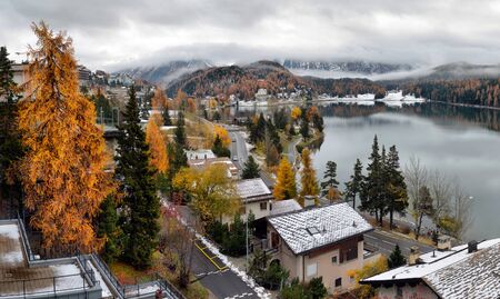 City on the Lake St. Moritz with the first snow in the autumnの写真素材