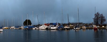 SWISS, LAKE GENEVA, 06, YANUARY, 2017,Yachts on winter parking lot on Lake Geneva, SWISS, LAKE GENEVA, 06, YANUARY, 2017のeditorial素材
