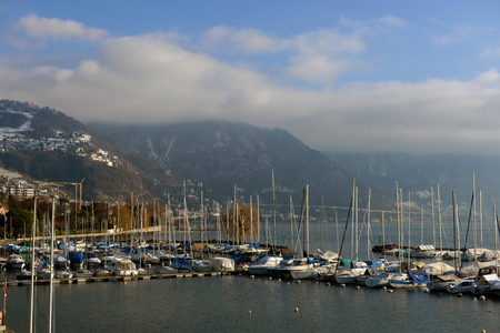 SWISS, LAKE GENEVA, 06, YANUARY, 2017,Yachts on winter parking lot on Lake Geneva, SWISS, LAKE GENEVA, 06, YANUARY, 2017のeditorial素材