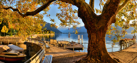 Pier at Geneva Lake in Montreux Vaud canton Switzerlandof  in autumnのeditorial素材