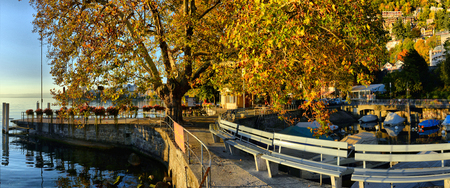 Pier at Geneva Lake in Montreux Vaud canton Switzerlandof  in autumnのeditorial素材