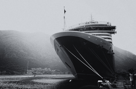Kotor, Montenegro, 15 AUGUST 2017: The cruise liner leaves the Bay of Koto, Kotor, Montenegro, 15 AUGUST 2017のeditorial素材