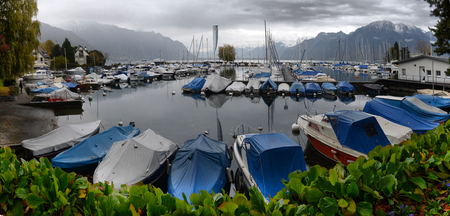 SWISS, LAKE GENEVA, 23, OCTOBER, 2017,Yachts on autumn parking lot on Lake Geneva, SWISS, LAKE GENEVA, 23, OCTOBER, 2017のeditorial素材