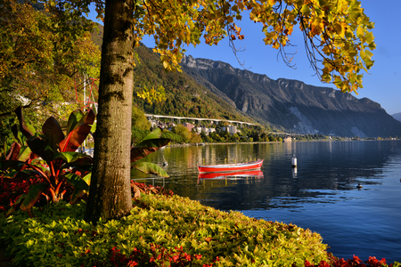 Pier at Geneva Lake in Montreux Vaud canton Switzerlandof  in autumnのeditorial素材