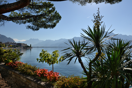 Switzerland Montreux view of Lake Geneva and the Alps in cloudy weatherの写真素材