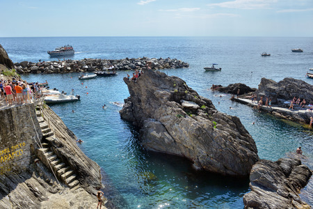 20 YUNE, 2018, ITALY, MANAROLA, Manarola village at twilight. Manarola is a small town in the province of La Spezia Liguria northern Italy, 20 YUNE, 2018, ITALY, MANAROLAのeditorial素材