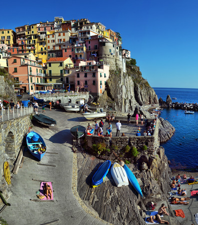 20 YUNE, 2018, ITALY, MANAROLA, Manarola village at twilight. Manarola is a small town in the province of La Spezia Liguria northern Italy, 20 YUNE, 2018, ITALY, MANAROLAのeditorial素材