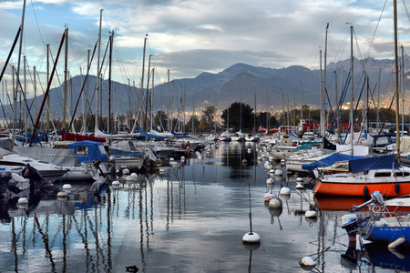 SWISS, LAKE GENEVA, 21, OCTOBER, 2017,Yachts on autumn parking lot on Lake Geneva, SWISSのeditorial素材