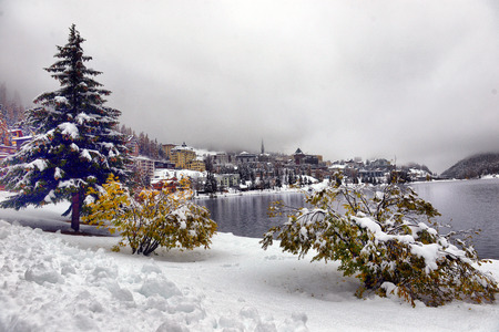 panorama of Sankt Moritz (Saint Moritz, San Maurizio) town in Engadine, Swiss Alps, during winterの写真素材