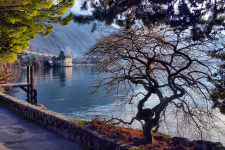 panorama of the city on the Geneva lake, Switzerland, Montreuxの写真素材