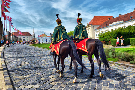 Budapest, Hungary, August 07, 2019, Hungarian hussars patrol in the Royal Palace, Budapest, Hungary, August 07, 2019のeditorial素材
