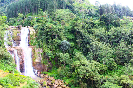 Waterfall Ramboda in tropical forests, Sri Lankaの写真素材