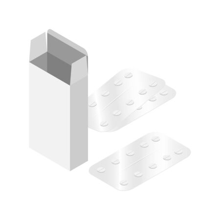Vector Illustration of blank white box packaging with pills on the surface. Isometric view. Template Layout ready to design.のイラスト素材