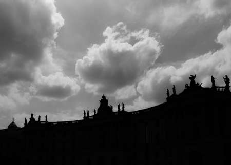Berlin, Germany - June 2019: Black And White Photo From Below Of Humboldt University Roof Statues.のeditorial素材