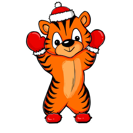 Cute tiger in santa claus hat and mittens on insulated white background. Christmas illustration for designers, book publishers, for printing on t-shirts, fabrics, phone covers, posters, postcards.の写真素材