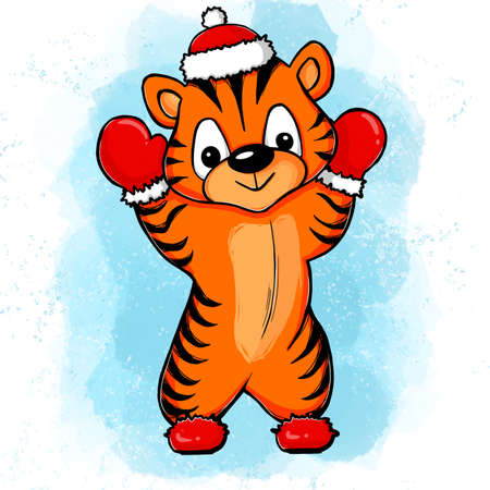 Cute tiger with big eyes in Santa cap, mittens and boots on blue background. Christmas illustration for designers, book publishers, for printing on T-shirts, fabrics, phone covers, posters, postcards.の写真素材