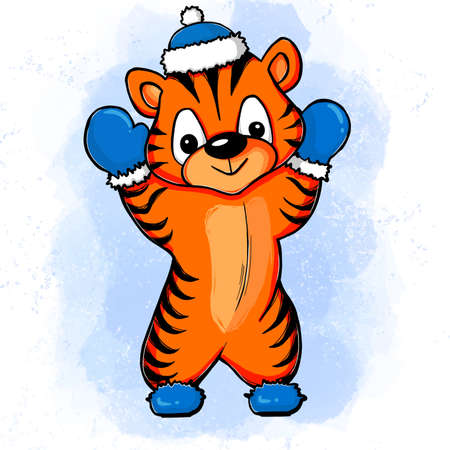 Cute tiger with big eyes in Santa Claus cap, mittens and boots on blue background. Christmas illustration for designers, book publishers, for printing on T-shirts, fabrics, phone covers, postcards.の写真素材