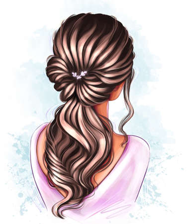 Hairstyle of the girl on a blue watercolor background. Stylish dark hair with loose curls, back view. For designers, typography, printing industry, book publishers, posters, for printing on T-shirts.の写真素材