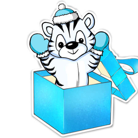 Sticker of a striped, blue tiger in Santa cap, mittens, sitting in a gift box with a bow on insulated white background. Christmas illustration for designers, greeting cards. Symbol of the New Year.の写真素材