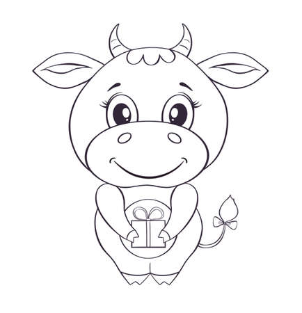 Cute bull drawn in cartoon style isolated on a white background. illustration for children coloring page. Print for clothes, label, patch, sticker, card. Christmas, New Year. symbol of the yearの写真素材