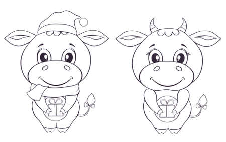 Cute bull's  in cartoon style isolated on a white background. Illustration for children coloring page. Print for clothes, label, patch, sticker, card. Christmas, New Year, symbol of the year.の写真素材