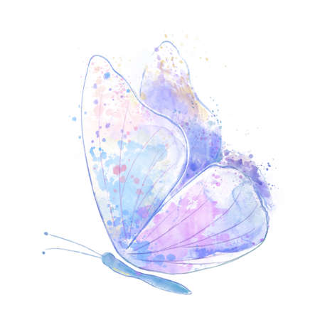 Abstract butterfly with bright blue and pink wings, with blotches and splashes on an isolated white background. Watercolor illustration for designers, typography, books, cards, for printing products.の写真素材