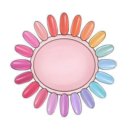 Circular color palette of nail extensions and manicure polish, isolated on a white backgroundの写真素材