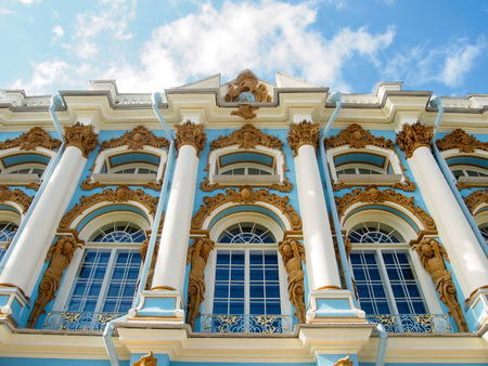 A detail of the ornate facade of Tsarskoe Selo (Catherine Palace) in Pushkin outside Saint Petersburg Russia.のeditorial素材