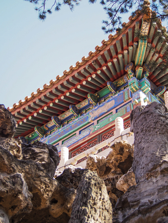 A detail of a painted architectural detail at the Forbidden Palace in downtown Beijing.のeditorial素材