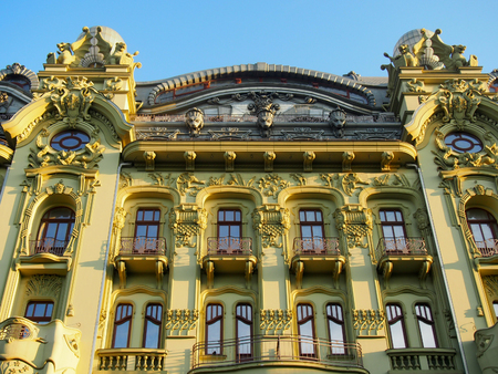 An ornate facade on a building in downtown Odessa, Ukraine.のeditorial素材