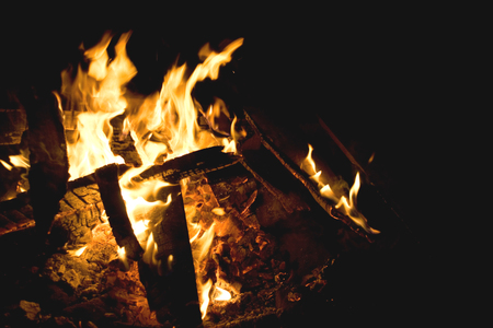Flames of a campfire against a black background at night.の写真素材