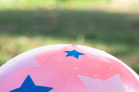 Wet pink ball and abtract background of green natureの写真素材